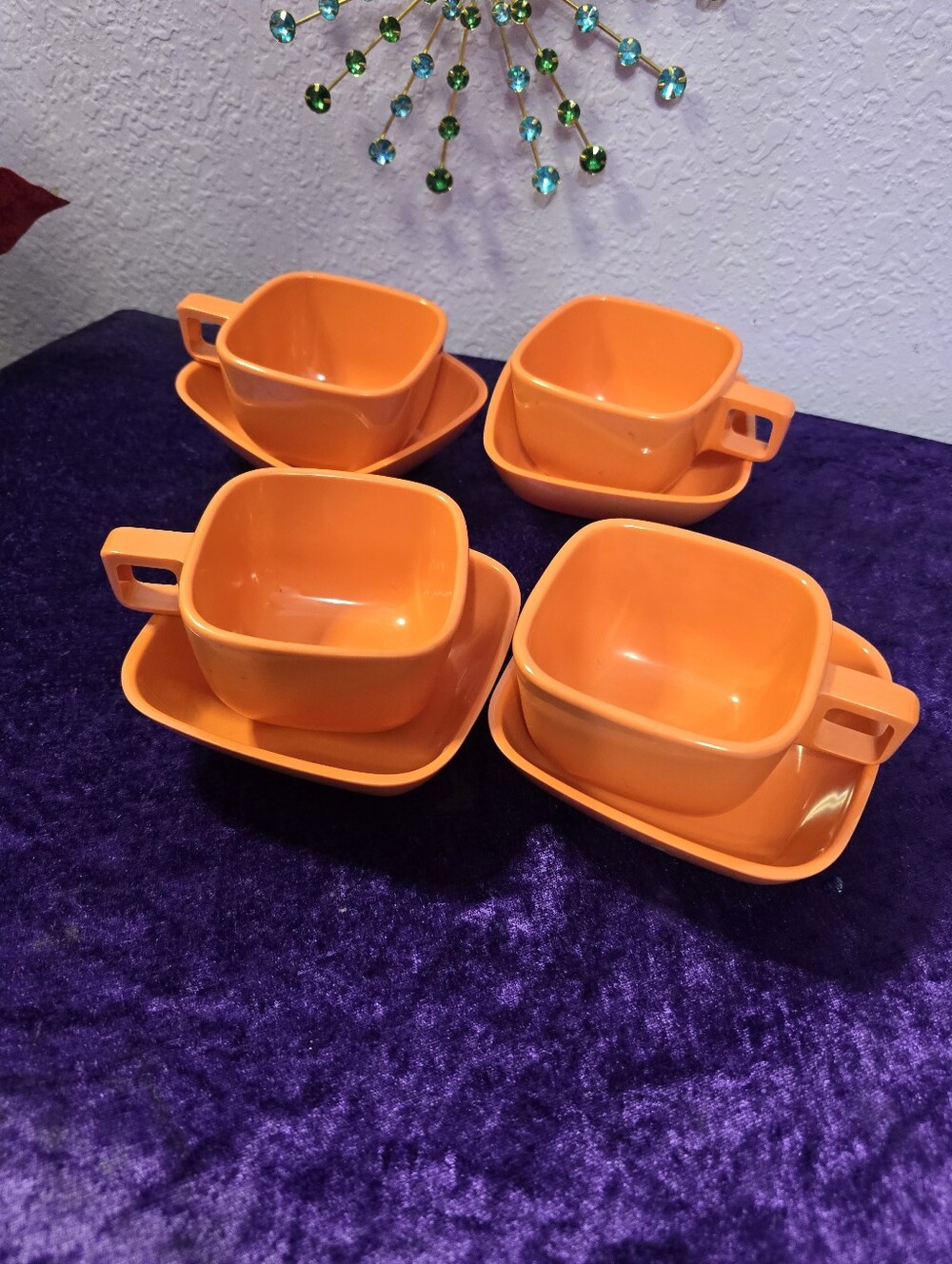 60s Coral Orange Squared Melamine Mugs and Dessert Bowls set of 8